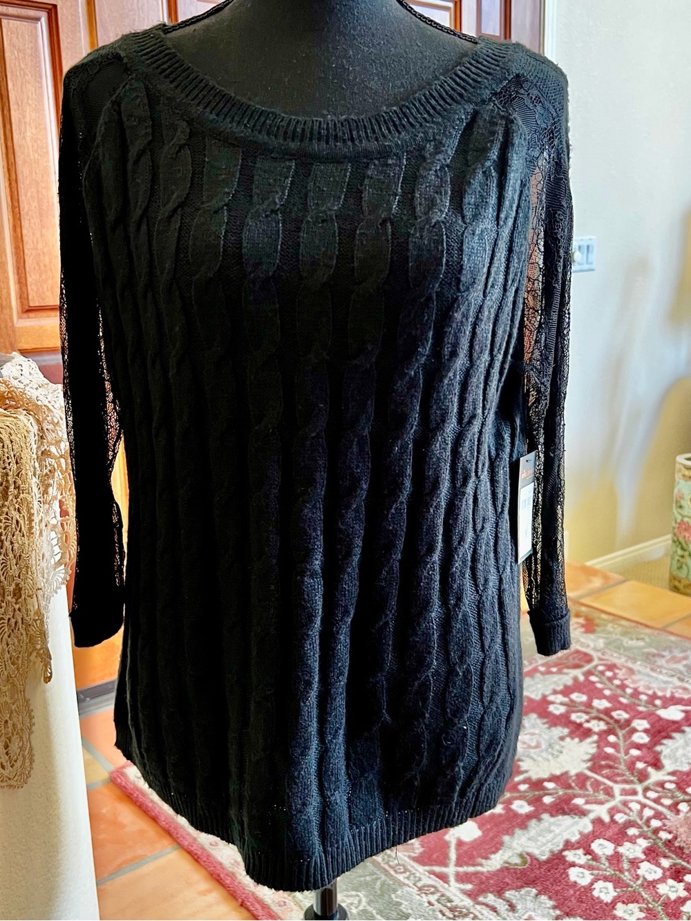 Ella Moss Black Cable Knit Scoop Neck Sweater with Lace Sleeves